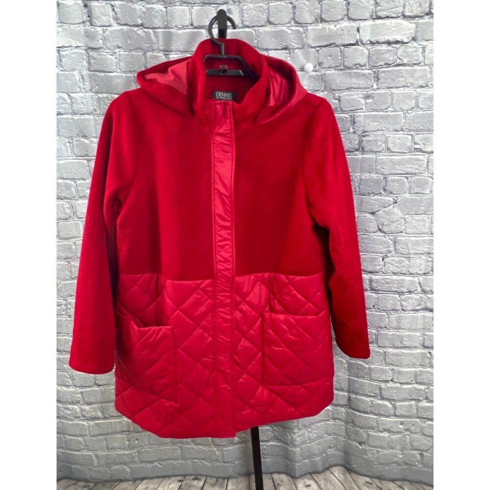Dennis Basso Mixed Media Quilted Jacket with‎ Hood Red Size 1X Winter Coat